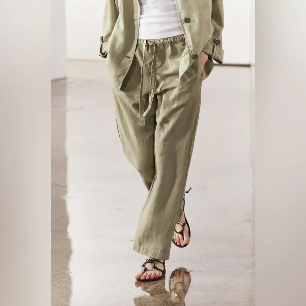 NWT ZARA ZW COLLECTION PAJAMA PANTS LIGHT KHAKI GREEN SMALL